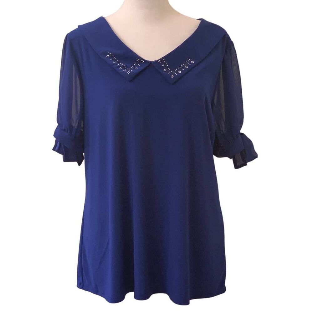 Adele & May Women's Blue Collared Bouse with Sheer Sleeve, Bow Accents, Size XL